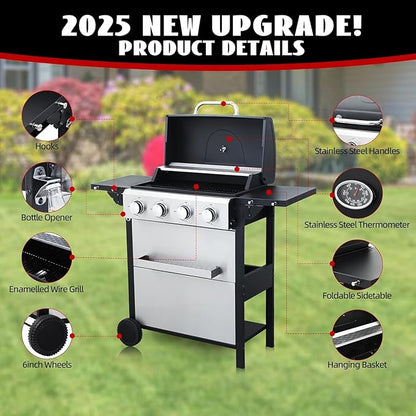 4 Burner Propane Gas Grill, 387 Sq.In Stainless Steel BBQ Grill with Foldable Side Table & Wheels, Portable Outdoor Gas Grill for Backyard Patio Camping, Easy Ignition & Thermometer