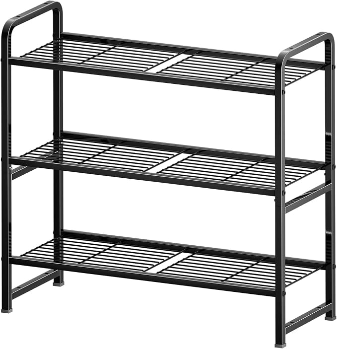 3 Tier Simple Shelf Organizer for Indoor Outdoor, Waterproof Heavy Duty Steel Shelving Unit Plant Stand for Living Room Bathroom Balcony Garden, Easy Assemble, Pitch Black