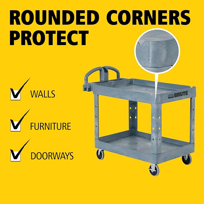 Rubbermaid Commercial Products BRUTE Heavy Duty 2-Shelf Utility/Service Cart, Medium, Lipped Shelves, Ergonomic Handle, 500 lbs. Capacity, Gray, for Warehouse/Garage/Cleaning/Maintenance/Stadiums