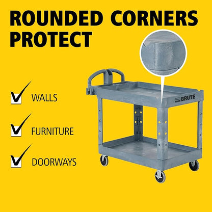 Rubbermaid Commercial Products BRUTE Heavy Duty 2-Shelf Utility/Service Cart, Medium, Lipped Shelves, Ergonomic Handle, 500 lbs. Capacity, Gray, for Warehouse/Garage/Cleaning/Maintenance/Stadiums