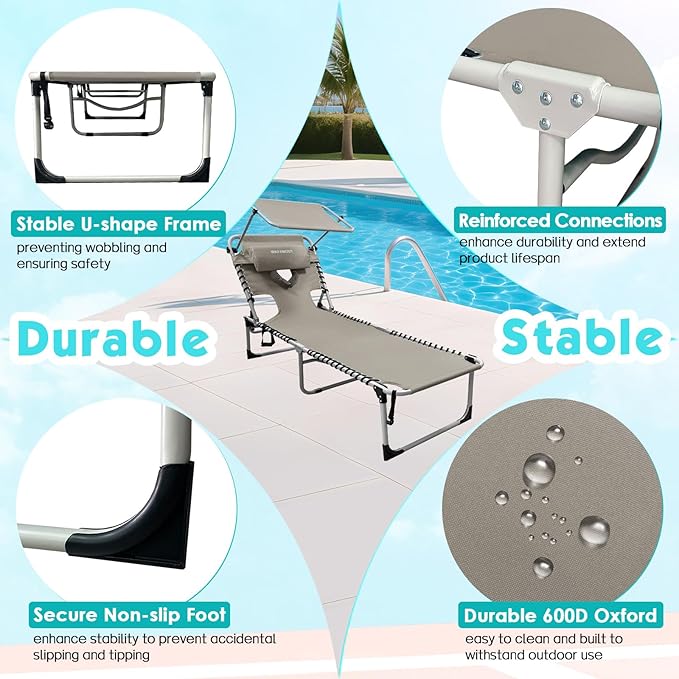 Outdoor Tanning Chair with Sun Canopy Shade & Face Hole, Folding Lounge Chair with Beach Table and Carry Bag for Poolside Sunbathing Lawn