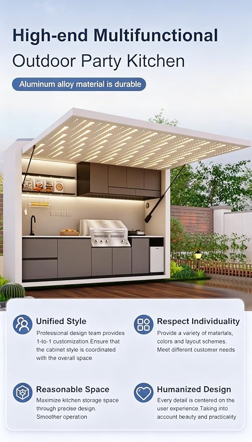 Luxury Modular Outdoor Kitchen Island with Roof, Prefab Kitchen Kits with Sink, Grill, Burners, Storage Cabinet, Refrigerator, Backyard Patio Cooking Station