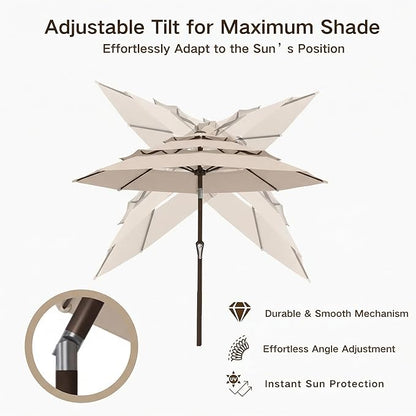 Kingdura 10ft 3-Tier Patio Umbrella, Outdoor Table Umbrella with Easy Crank & Tilt, 8 Reinforced Ribs, UV Protection for Deck, Pool, Market, Backyard (Beige)