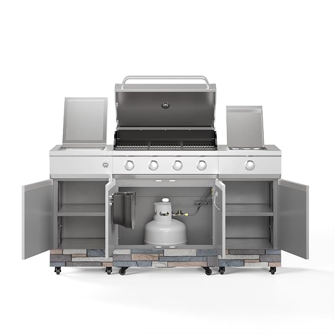 Tytus Fresno 66" 5-Burner Propane or Nat Gas Island Grill, 60K Total BTUs | Pre-assembled for fast install, 864 sq inch cooking area with Side Burner, Storage, Ice Bucket - Stainless Steel / Ash Island