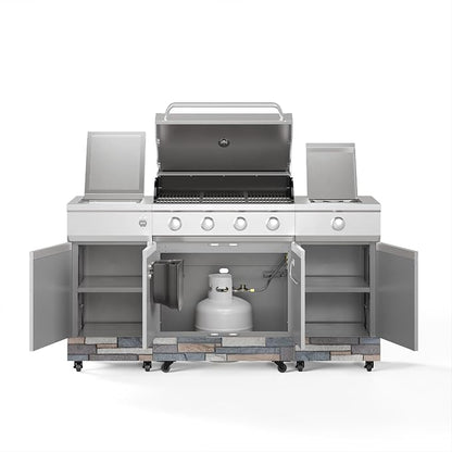 Tytus Fresno 66" 5-Burner Propane or Nat Gas Island Grill, 60K Total BTUs | Pre-assembled for fast install, 864 sq inch cooking area with Side Burner, Storage, Ice Bucket - Stainless Steel / Ash Island