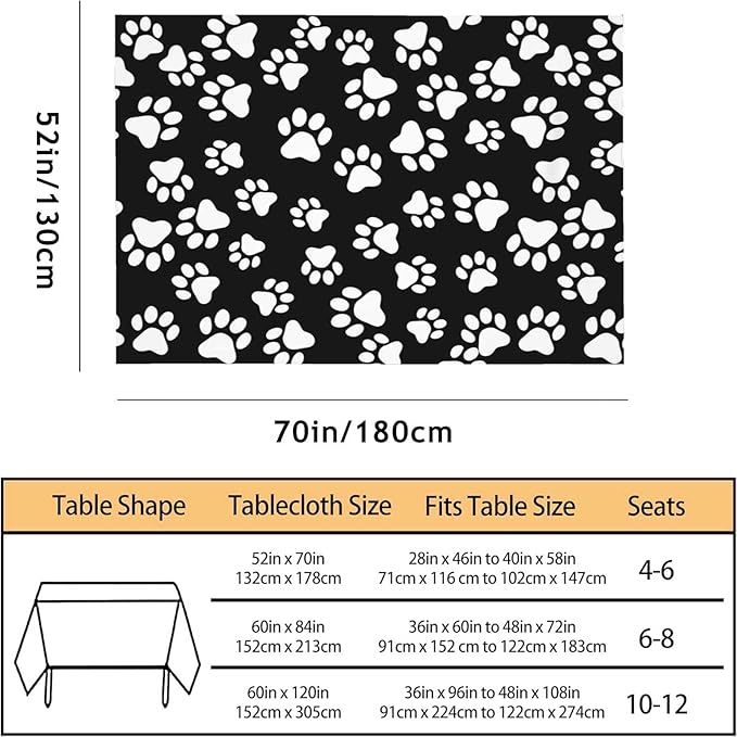 TKS MITLAN Dog Paw Tablecloth 52 x 70 Inch Rectangular Black White Cat Footprint Dog Paw Prints Oblong Table Cloth Kitchen Table Decorations for Home Dinner Party