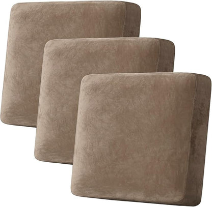 H.VERSAILTEX Velvet Stretch Couch Cushion Cover Plush Cushion Slipcover for Chair Loveseat Sofa Cushion Furniture Protector Seat Cushion Sofa Cover (3 Piece XL Sofa Cushion Covers, Camel)