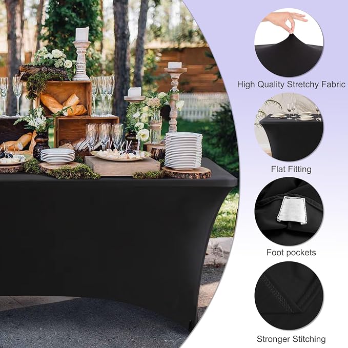 ABCCANOPY 2-Pack 6FT Spandex Table Covers, Stretch Fitted Tablecloth, Black | Rectangular Tight, Fitted, Washable and Wrinkle Resistant Table Protector for Wedding, Banquet,Birthday, Party, Event