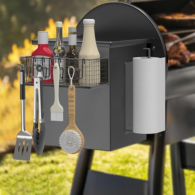 1 Pack Magnetic Storage Bin and Paper Towel Holder for Traeger Smoker Grills, Suit for Traeger Ironwood 885, Pro Series 34, Pro Series 22, Pro D2 575, Pro 780, Ironwood 650, Z-Grills, Pit boss