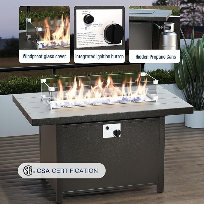 45" Propane Fire Pit Table,55000 BTU Aluminum Firepit,Outdoor Fire Pit with Fire Glass,Lid,Waterproof Cover and Blue Glass Stone for Backyard,Garden,Patio
