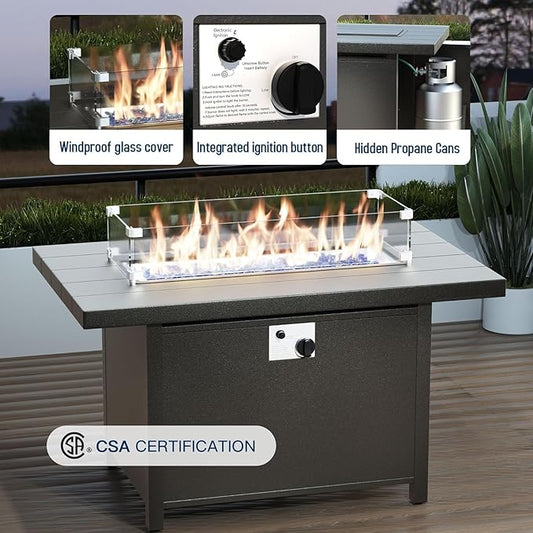 45" Propane Fire Pit Table,55000 BTU Aluminum Firepit,Outdoor Fire Pit with Fire Glass,Lid,Waterproof Cover and Blue Glass Stone for Backyard,Garden,Patio