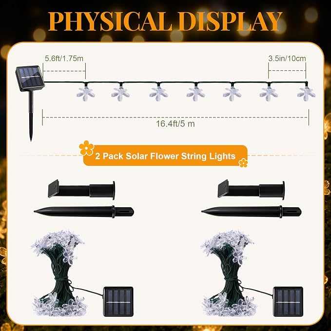 2 Pack 100 LED Solar Flower String Lights, Outdoor Waterproof,Warm White | Total 33FT Fairy Light, Cherry Blossom Christmas Lights for Garden Yard Fence Patio Christmas Tree Wedding Party Decoration