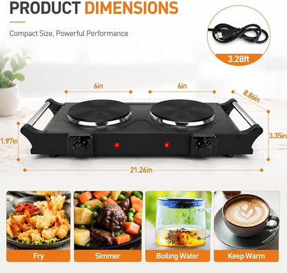 2000W Portable Electric Double Burner Hot Plate, Countertop Coil Heating Stove with 5 Temperature Control & Carry Handles for Home Kitchen RV Camping Use (black)