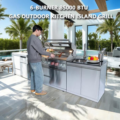 Outdoor Kitchen Island with Gas Grill, Stainless Steel Modular Outdoor Kitchen, Outdoor Grill Station with Refrigerator and Faucet Sink, for Backyard, Patio, Poolside