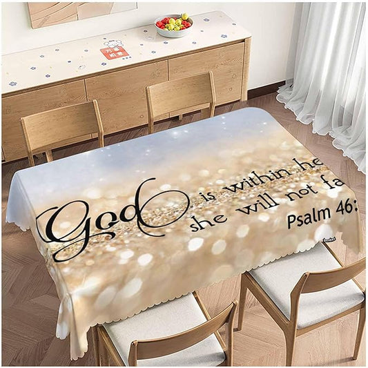 Bible Verse Decorative Table Cover for Kitchen, Oblong Tablecloth God is Within Her She Will Not Fall Dining Table Cloth Tabletop Tablecloths for BBQ Picnic Coffee 52"X70", Gold Sparkle