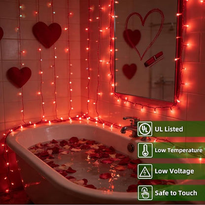 300LED Valentine Lights Outdoor Indoor Use, 12 Lighting Modes 75ft Valentines Day Decorations with Timer, Dimmable Plug in Red LED StringLights Waterproof for Bedroom Yard Tree Wedding Party Holiday