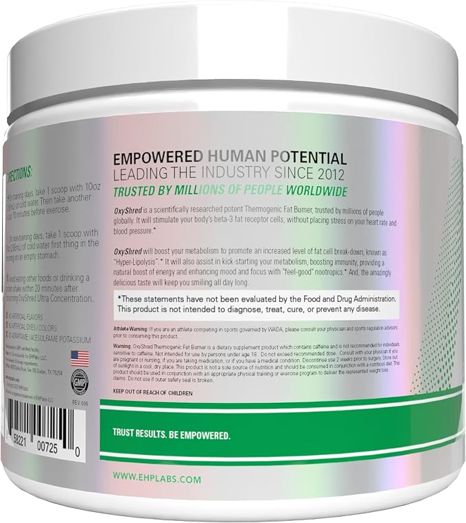 EHP Labs OxyShred Pre Workout Powder - Kiwi Strawberry, 33 Servings | Supports Energy, Focus and Endurance with Acetyl L Carnitine and L Glutamine, Thermogenic Formula, Sugar Free, Zero Jitters