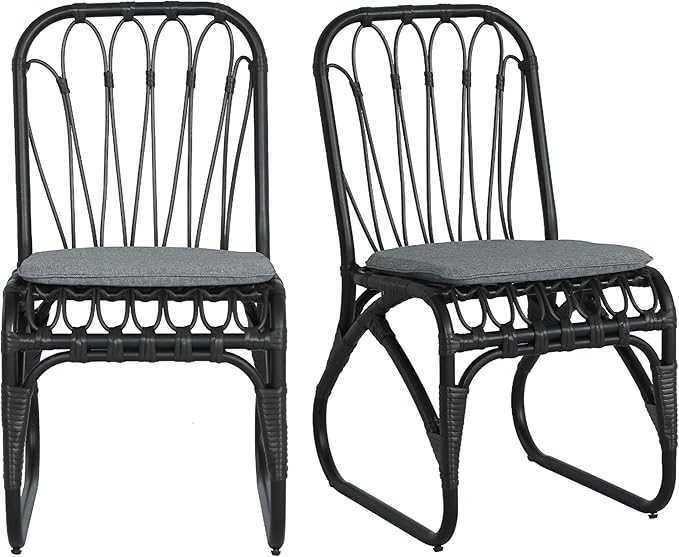 Christopher Knight Home Set of 2 Busby Patio PE Wicker Dining Chairs, Outdoor Woven Rattan Accent Chair with Iron Frame+Cushion, Fully Assembled Lounge Chair Outdoor for Garden/Balcony, Black+Grey