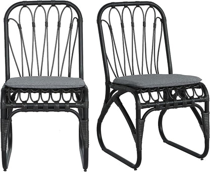 Christopher Knight Home Set of 2 Busby Patio PE Wicker Dining Chairs, Outdoor Woven Rattan Accent Chair with Iron Frame+Cushion, Fully Assembled Lounge Chair Outdoor for Garden/Balcony, Black+Grey