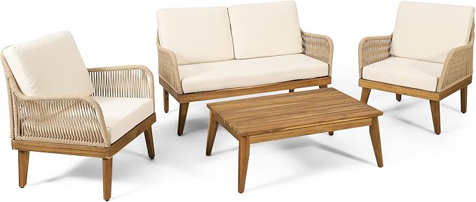 VilroCaz 4-Pieces Acacia Wood Patio Furniture Set, All-Weather Outdoor Patio Conversation Set with Coffee Table and Soft Cushions, Rope Weave Porch Chairs for Garden Backyard Porch Balcony