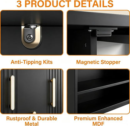 kepptory 47“ Black Kitchen Pantry Cabinet with 3 Doors, Adjustable Shelves, | Pull-Out Side Spice Racks, Freestanding Food Storage Cupboard for Kitchen, Dining Room, Living Room