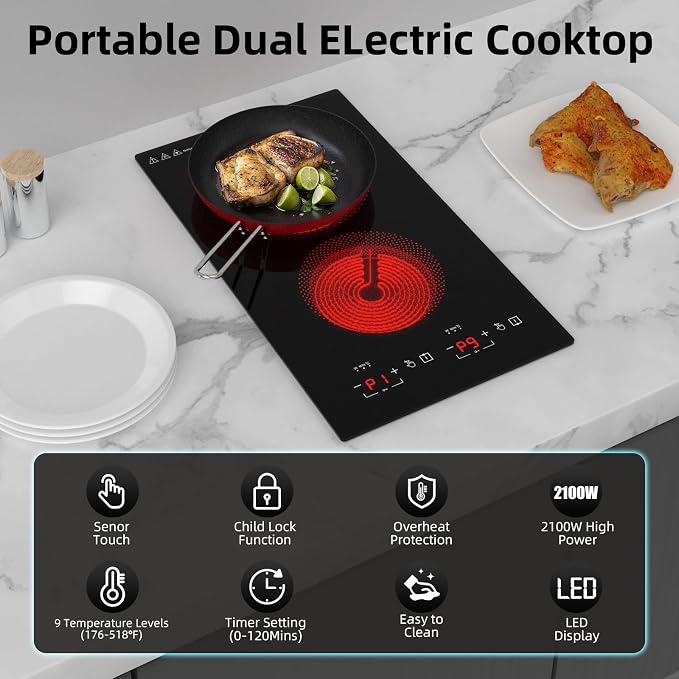 Electric Cooktop 2 Burners 2100W, 110v-120v Electric Stove Top 12 inch, Countertop & Built-in Cooktop, 20 Temperature 9 Power Levels, Child Lock, Timer, Over-Heat Protection