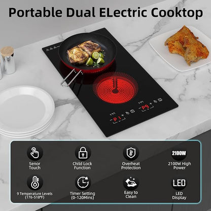 Electric Cooktop 2 Burners 2100W, 110v-120v Electric Stove Top 12 inch, Countertop & Built-in Cooktop, 20 Temperature 9 Power Levels, Child Lock, Timer, Over-Heat Protection