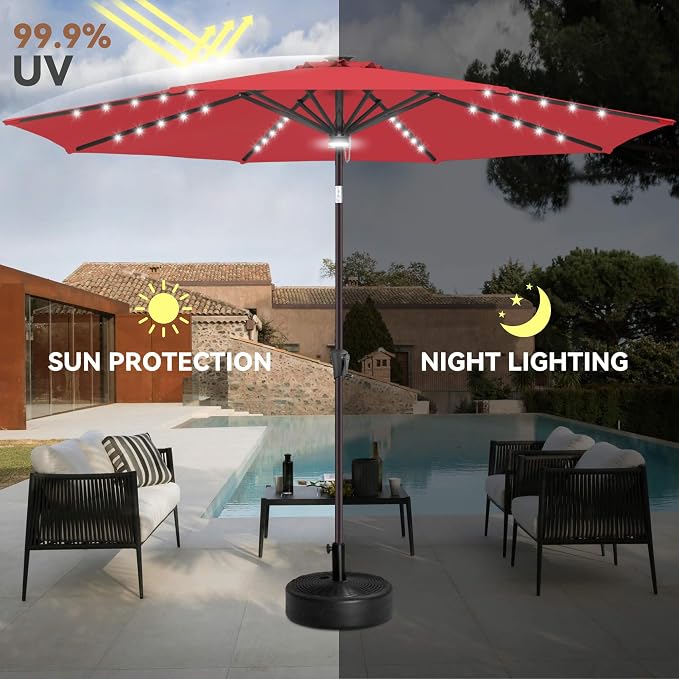 Solar Patio Umbrella with Centre Light, 10 ft Red | 40 LED Lights, UV Protection, Solar Outdoor Umbrella for Porch, Deck, Pool, Table, Garden, Provides Evening Lighting