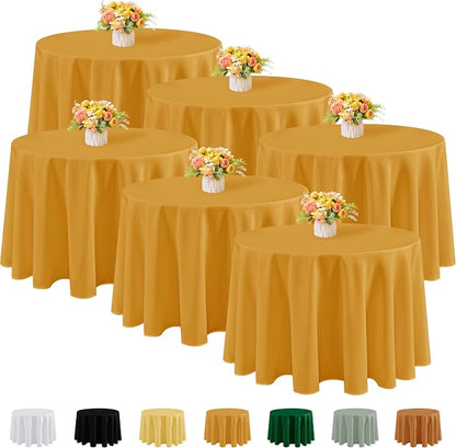 Fitable 6 Pack Gold Round Tablecloths - 108 Inches in Diameter | Wrinkle & Stain Resistant, Washable Polyester Fabric, For Wedding Party Banquet Formal Events Fall Thanksgiving Harvest