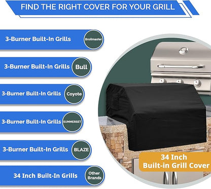 Covers & All Built-in Grill Cover for Outdoor Grill – Heavy Duty 12 oz Waterproof Built-in BBQ Grill Cover, PVC-Coated Polyester with Elastic Hem for Snug Fit (34 x 30 x 18 inches, Black)