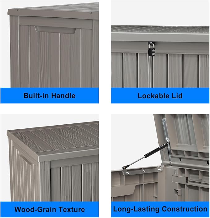 PatioZen 180 Gallon Deck Box,Resin Outdoor Storage Box with Lockable for Patio Furniture, Pool Accessories, Garden Tools Waterproof Outside Storage Box (Grey)