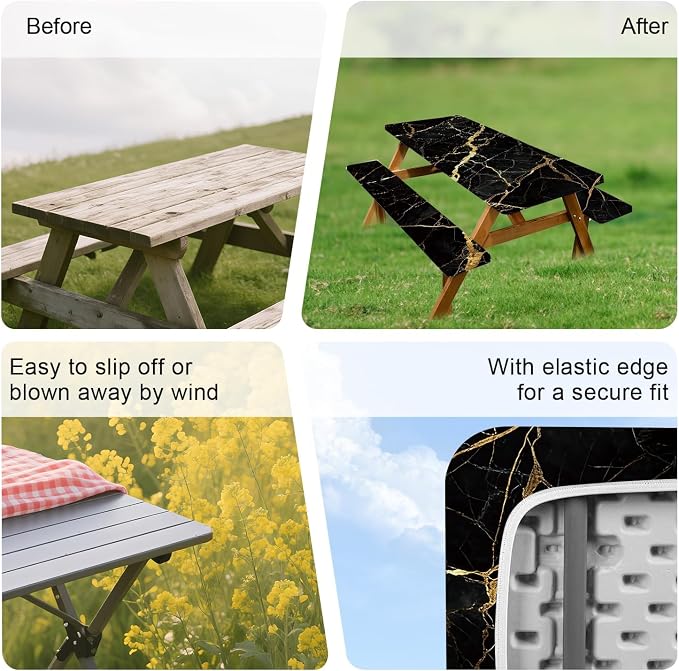 FOREVER QUEEN Picnic Table Cover with Bench Covers 72in,Waterproof Windproof Fitted Tablecloth, Black Marble with Gold Veins Camping Essentials with Drawstring Bag for Patio,Park & Backyard