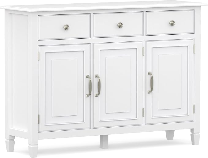SIMPLIHOME Connaught 51" Wide Solid Wood Storage Cabinet in White | Traditional space-saving entryway or mudroom cabinet with 3 drawers and adjustable shelves for organized household storage.