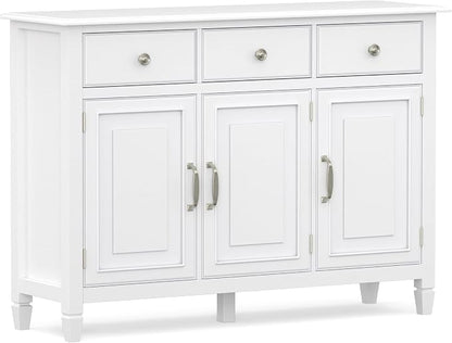 SIMPLIHOME Connaught 51" Wide Solid Wood Storage Cabinet in White | Traditional space-saving entryway or mudroom cabinet with 3 drawers and adjustable shelves for organized household storage.