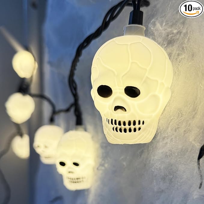 8.5Ft Halloween White Skull String Lights Outdoor, Halloween Decoration String Lights with 10 LED Skeleton Lights Waterproof, Hanging Holiday Lights for Indoor/Outdoor Yard Porch Patio Party Decor