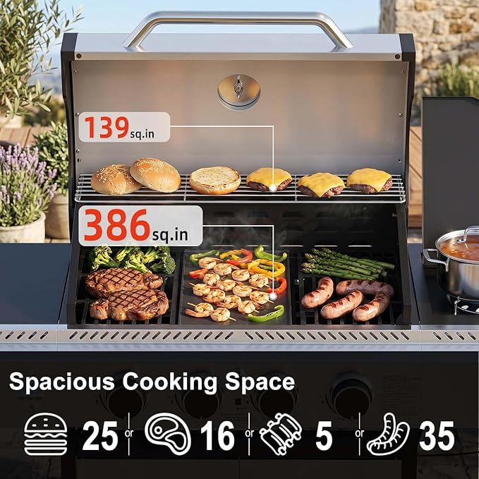 COWSAR 4-Burner Gas Grill, 42000 BTU BBQ Grill, Stainless Steel Barbecue Grill with Side Burner, Enameled Cast Iron Grill, Pull-Out Oil Tray, Suitable For Outdoor, Backyard Barbecues
