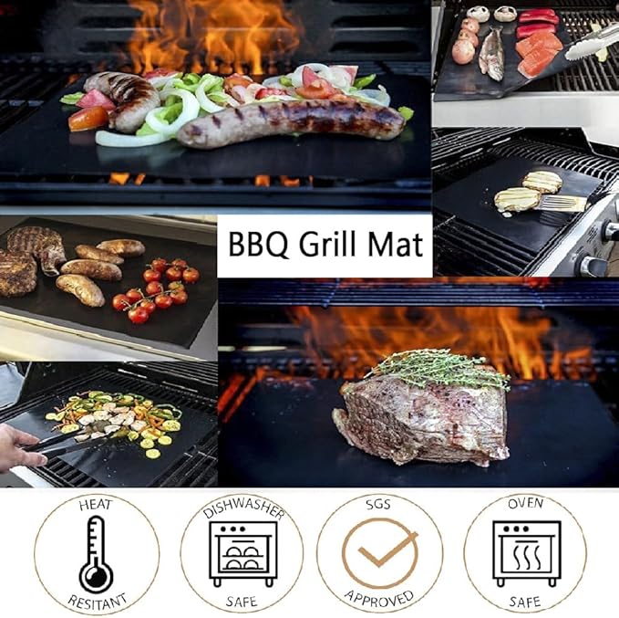 Grill Mats for Outdoor Grill, Set of 5 Reusable Gril Mat for Outdoor Barbecue with Basting Brushes and 12inch Grill Tongs, Oven Liners for Bottom of Oven 100% Non-Stick 15.75 x 13 Inch