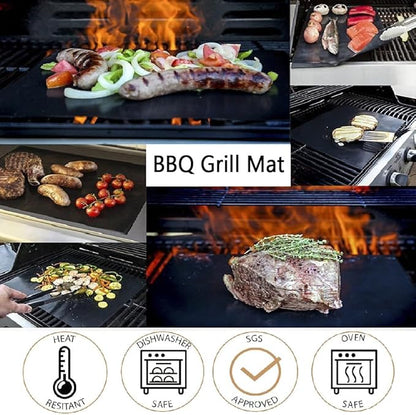 Grill Mats for Outdoor Grill, Set of 5 Reusable Gril Mat for Outdoor Barbecue with Basting Brushes and 12inch Grill Tongs, Oven Liners for Bottom of Oven 100% Non-Stick 15.75 x 13 Inch