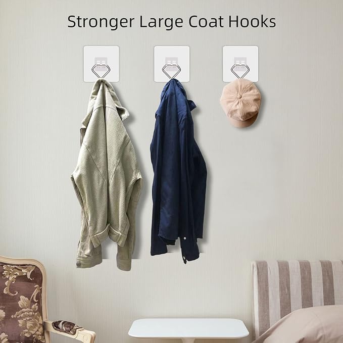 Large Adhesive Hooks 44Ib(Max), Wall Hooks Self-Adhesive Traceless Clear and Removable, Waterproof and Rustproof Hooks for Hanging for Home Bathroom Kitchen Office and Outdoor, 10-Pack