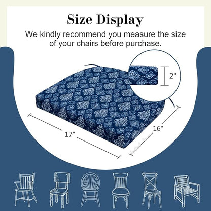 Cozyide Outdoor Chair Cushions, Waterproof Patio Seat Cushions with Adjustable Straps, Round Corner Patio Chair Cushions for Garden, Indigo Badge, 17x16x2 Inch (Pack of 4)