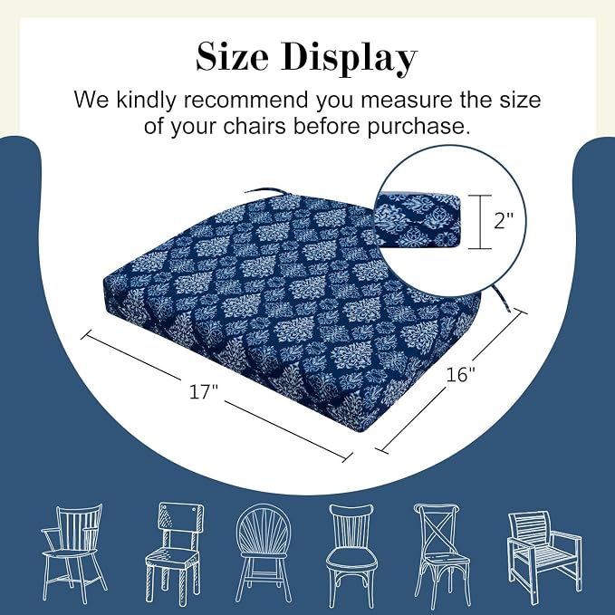 Cozyide Outdoor Chair Cushions, Waterproof Patio Seat Cushions with Adjustable Straps, Round Corner Patio Chair Cushions for Garden, Indigo Badge, 17x16x2 Inch (Pack of 2)