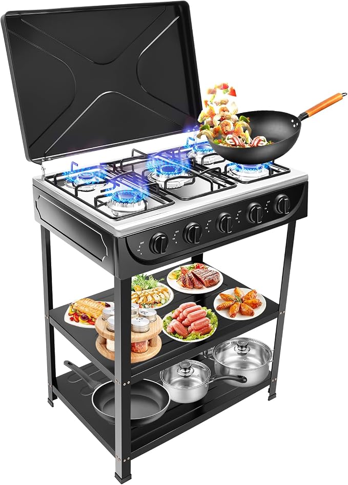 Portable Natural Gas Stove with 5 Burners, Manual Ignition Outdoor Stove for Camping, RV Travel, and Emergency Cooking Black
