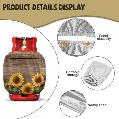 20 lb Propane Tank Cover Protective Propane Tank Blanket for Grill, Travel Trailer RV, and Outdoor Use Windproof Weatherproof Gas Cover Wood Print Sunflower