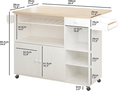 IRONCK Rolling Kitchen Island Cart with Drop-Leaf and Wine Rack, Microwave Rack Serving Cart on Wheels with Drawer & Shelves & Spice Rack & Cup Hanging, White