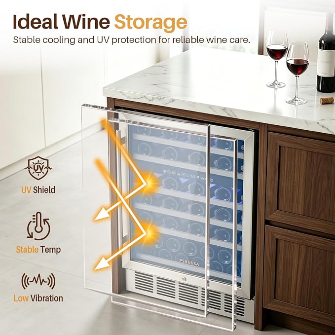 24 Inch Wine Fridge Dual Zone Wine Cooler Holds 46 Bottles, Temperature Control, Built-In or Freestanding Under Counter Wine Refrigerator with Glass Door for Kitchen, Home Bar