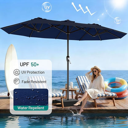 AreShark 15ft Patio Umbrella with Base, Double Sided Outdoor Umbrella with 12 Fiberglass Ribs, Large Outdoor Umbrella for Garden, Pool, Deck, Backyard & Market,Navy Blue