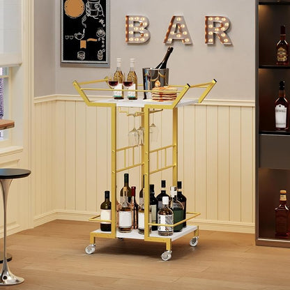 Bar Cart, 3-Tier Serving Cart with Wine Glass Rack, Drink Cart with Wheels, Rolling Beverage Cart, for Living Room, Party, White and Gold BC10DW