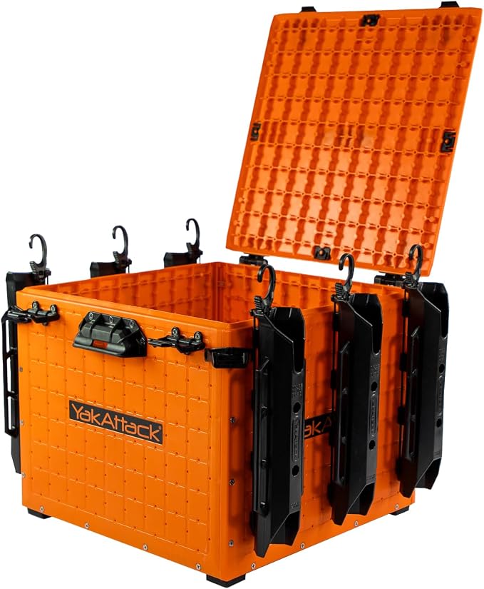YakAttack BlackPak Pro 16" x 16" Kayak Fishing Crate with 6 Rod Holders - Orange | Tackle Storage Box & Fishing Gear Organizer | Lightweight, Durable & Customizable Kayak Fishing Accessory