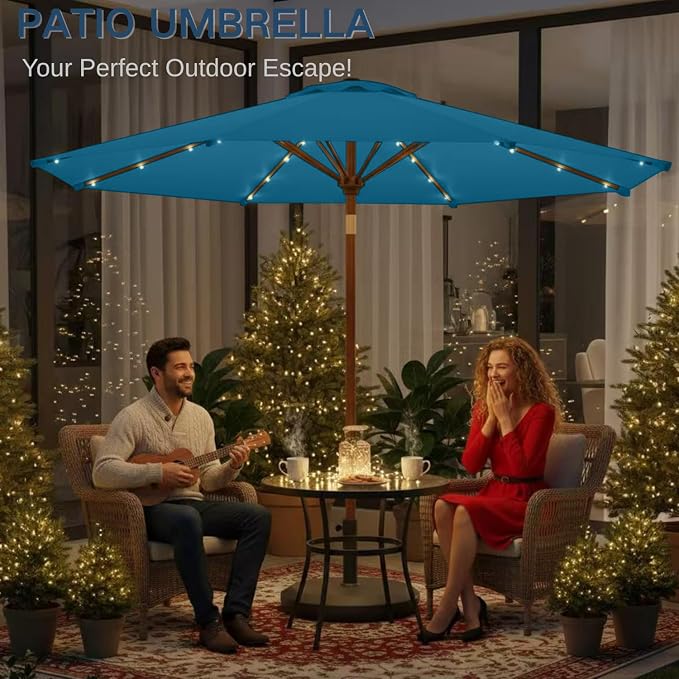 9' Solar LED Patio Umbrella with Tilt & Crank|8 Sturdy Ribs,UV Protection,Outdoor Market Table Umbrella for Deck,Lawn,Pool,Backyard(Lake Blue)
