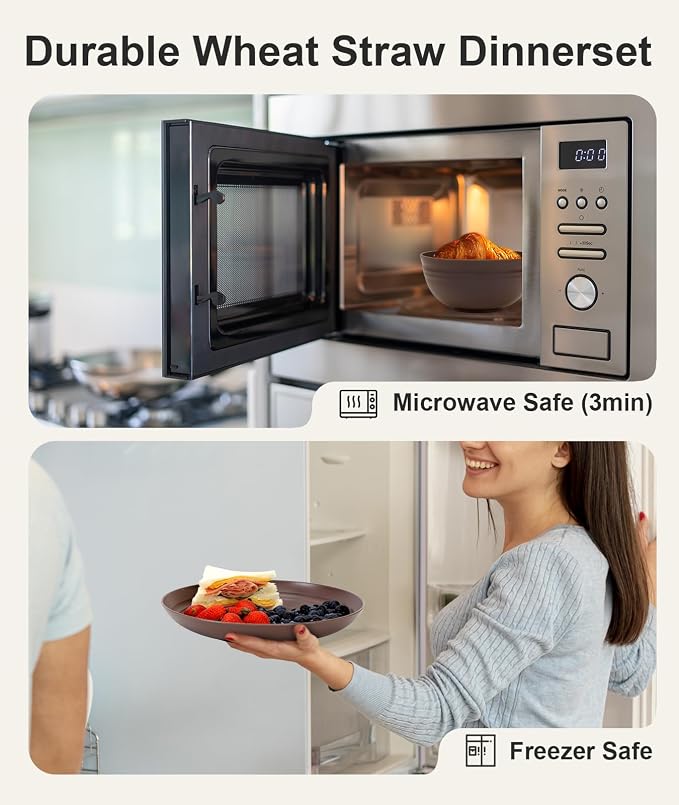 Quatish 32 Piece Plates and Bowls Sets for 8, Unbreakable Dinnerware Sets, Dish Set for Camping, Dishwasher Microwave Safe, Outdoor Kitchen and Apartment Dorm Dinning RV Essentials, Brown